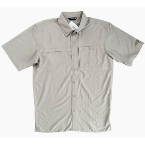 Drake Performance Short Sleeve Button Up Shirt Men's Size Small Tan Vented